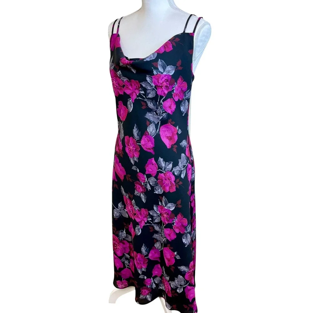 NEW YORK COMPANY Y2K 90s Black‎ Floral Midi Slip Dress Cowl 6 Beaded Phoebe
